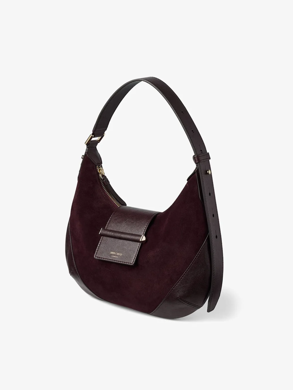 Side view of the Jimmy Choo Bar Hobo Small Deep Merlot Suede Shoulder Bag with Biker Leather Trim