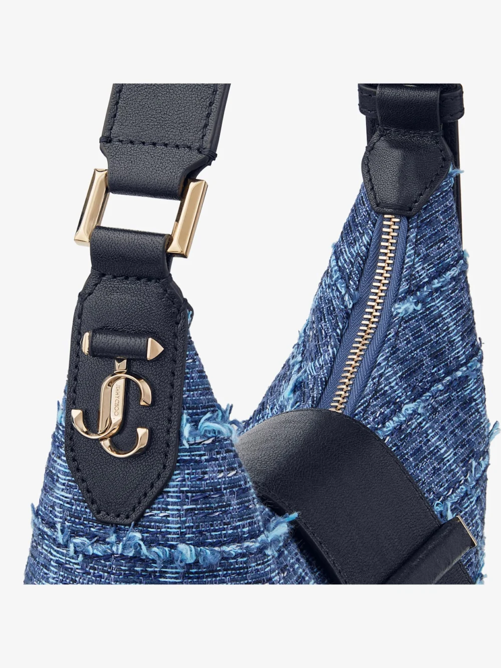 Back view of the Jimmy Choo Bar Hobo Small Marine Crosshatch Denim Fabric Shoulder Bag with Biker Leather Trim