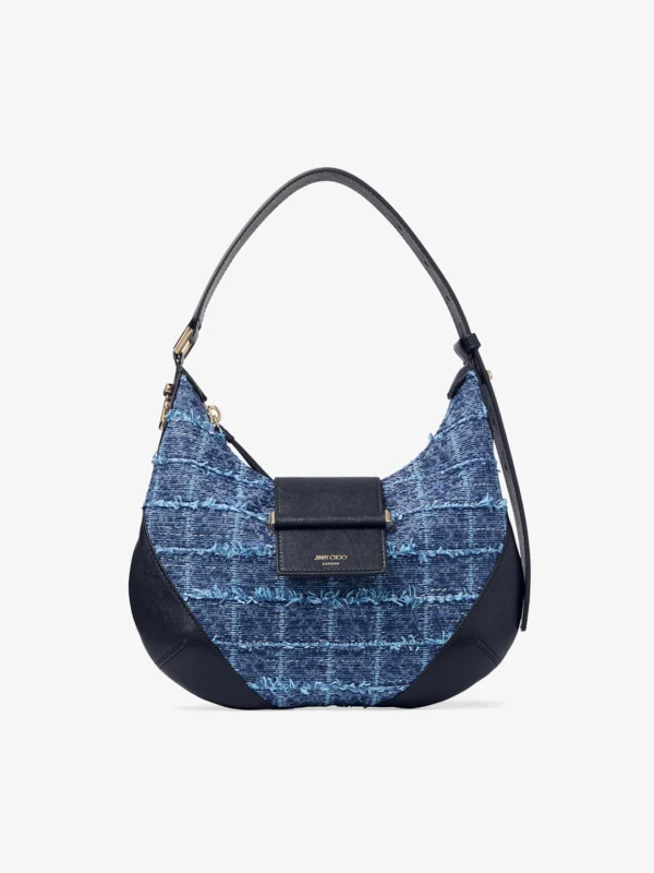 Jimmy Choo Bar Hobo Small Marine Crosshatch Denim Fabric Shoulder Bag with Biker Leather Trim