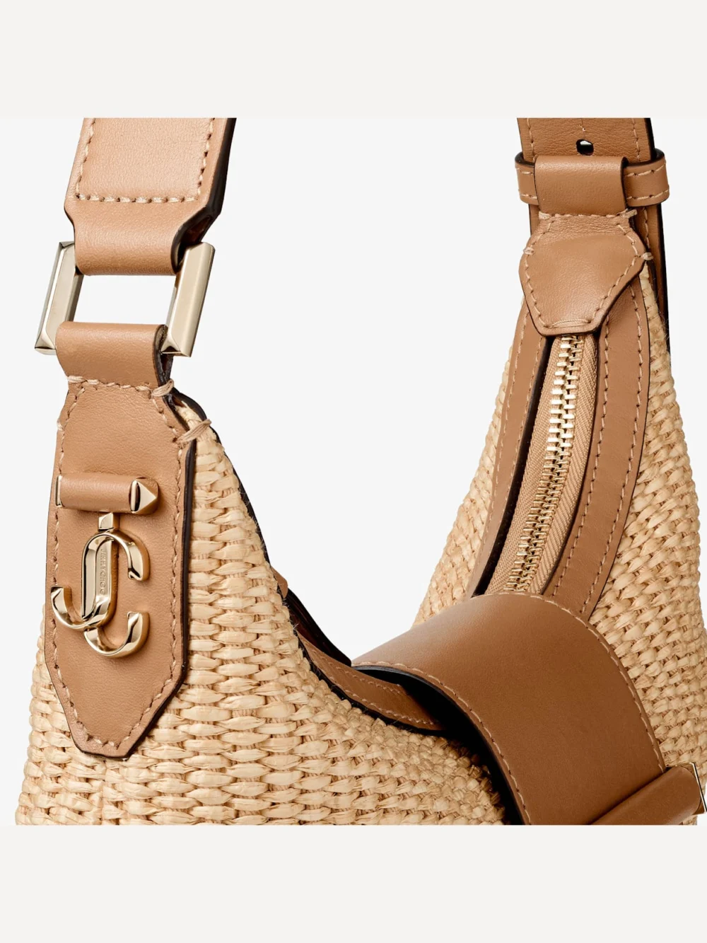 Back view of the Jimmy Choo Bar Hobo Small Natural and Toffee Raffia Shoulder Bag with Smooth Calf Leather Trim