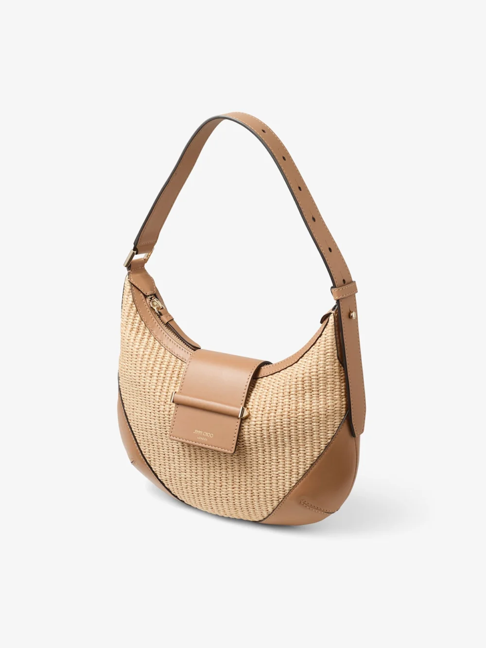 Close-up detail of the Jimmy Choo Bar Hobo Small Natural and Toffee Raffia Shoulder Bag with Smooth Calf Leather Trim