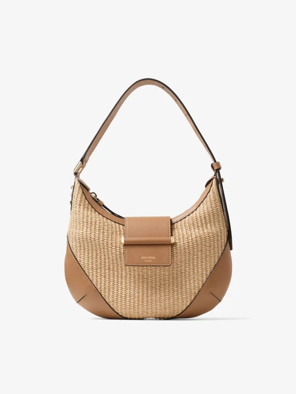 Jimmy Choo Bar Hobo Small Natural and Toffee Raffia Shoulder Bag with Smooth Calf Leather Trim