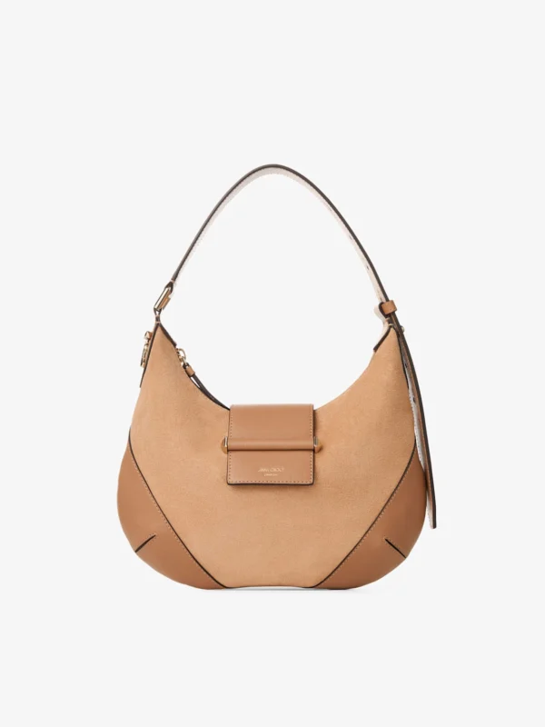 Jimmy Choo Bar Hobo Small Toffee Suede Shoulder Bag with Biker Leather Trim