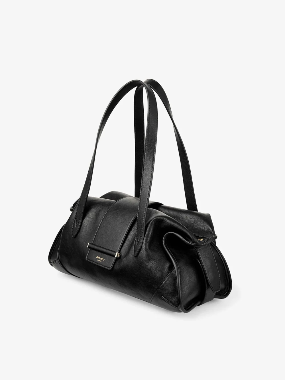 Close-up detail of the Jimmy Choo Bar Holdall Medium Black Biker Leather Holdall Bag