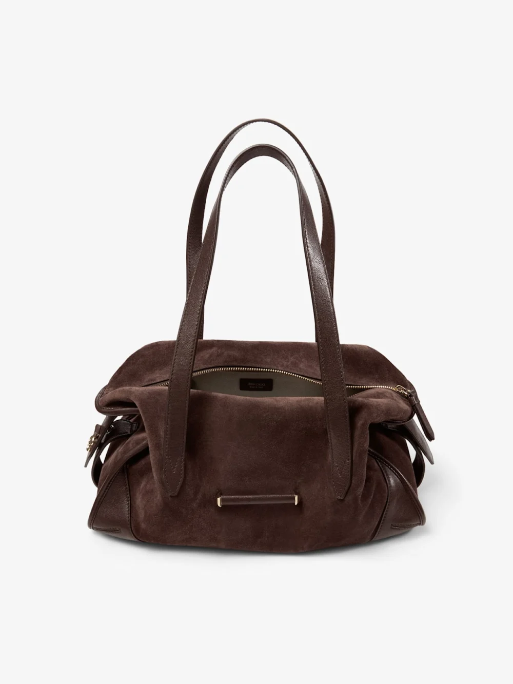 Back view of the Jimmy Choo Bar Holdall Medium Chocolate Suede and Biker Leather Holdall Bag