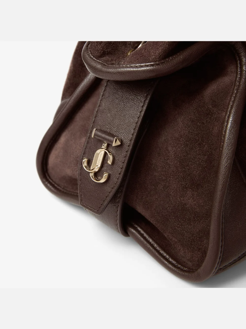 Close-up detail of the Jimmy Choo Bar Holdall Medium Chocolate Suede and Biker Leather Holdall Bag