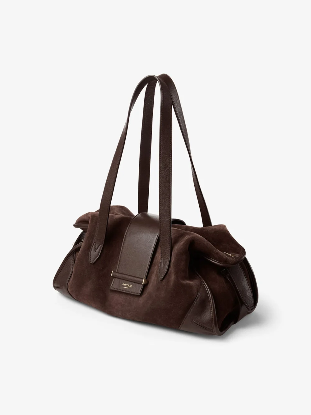 Side view of the Jimmy Choo Bar Holdall Medium Chocolate Suede and Biker Leather Holdall Bag