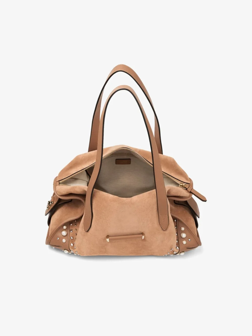 Back view of the Jimmy Choo Bar Holdall Medium Toffee Suede Holdall Bag with Biker Leather Trim and Pearl Studs