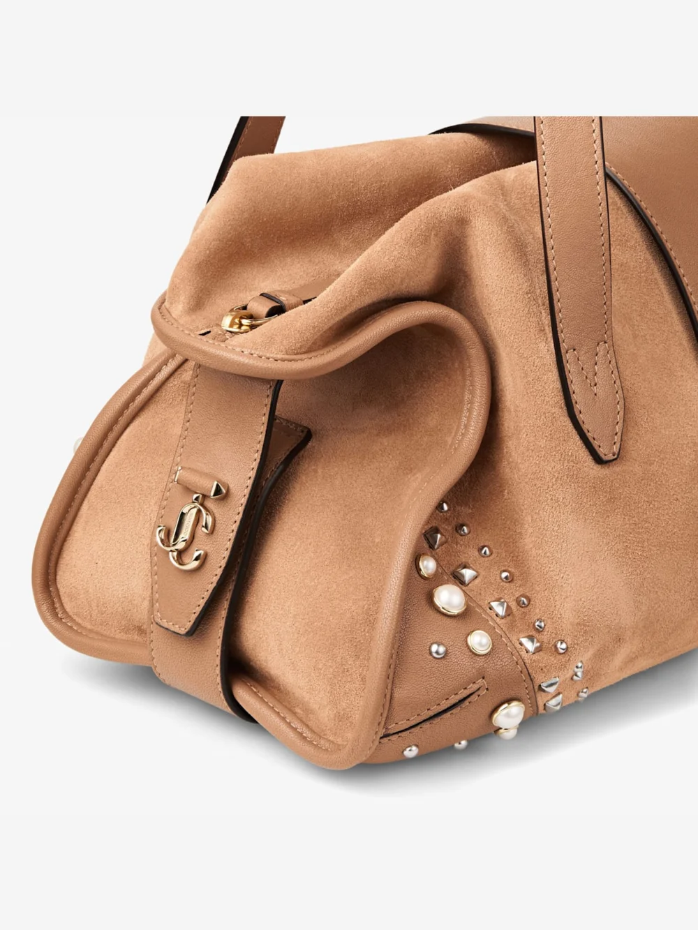 Close-up detail of the Jimmy Choo Bar Holdall Medium Toffee Suede Holdall Bag with Biker Leather Trim and Pearl Studs