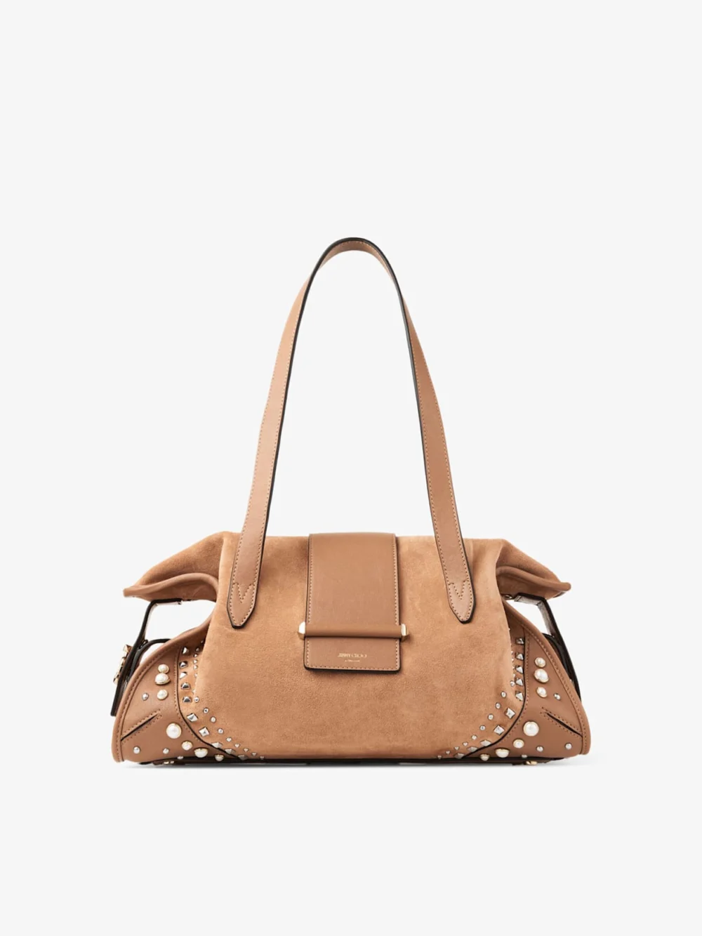Jimmy Choo Bar Holdall Medium Toffee Suede Holdall Bag with Biker Leather Trim and Pearl Studs in toffee