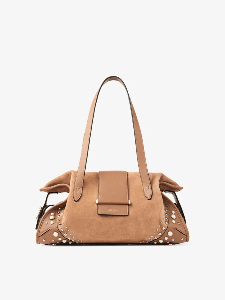 Jimmy Choo Bar Holdall Medium Toffee Suede Holdall Bag with Biker Leather Trim and Pearl Studs