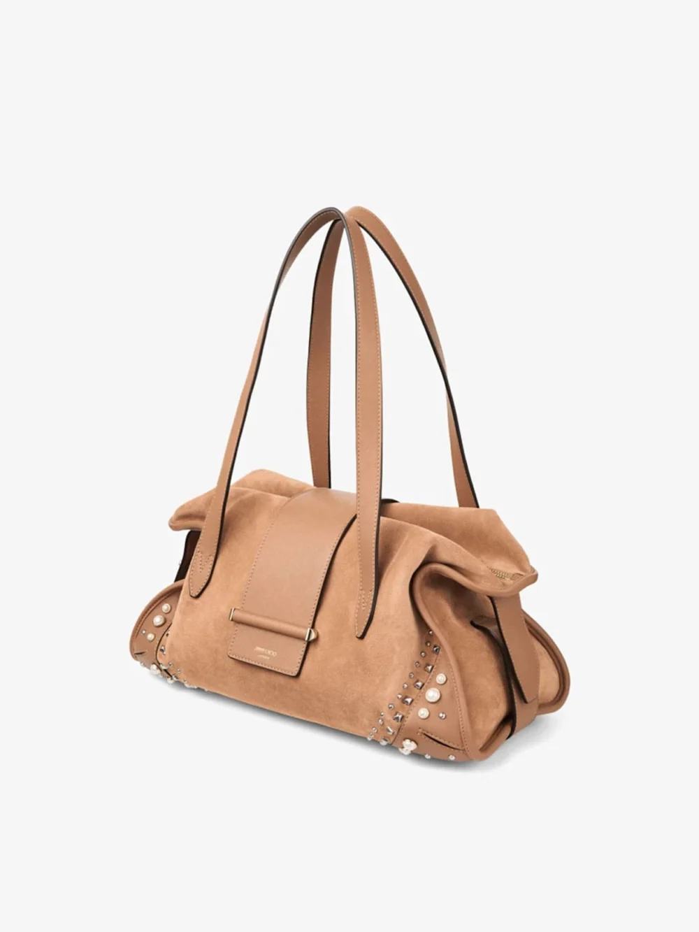 Side view of the Jimmy Choo Bar Holdall Medium Toffee Suede Holdall Bag with Biker Leather Trim and Pearl Studs
