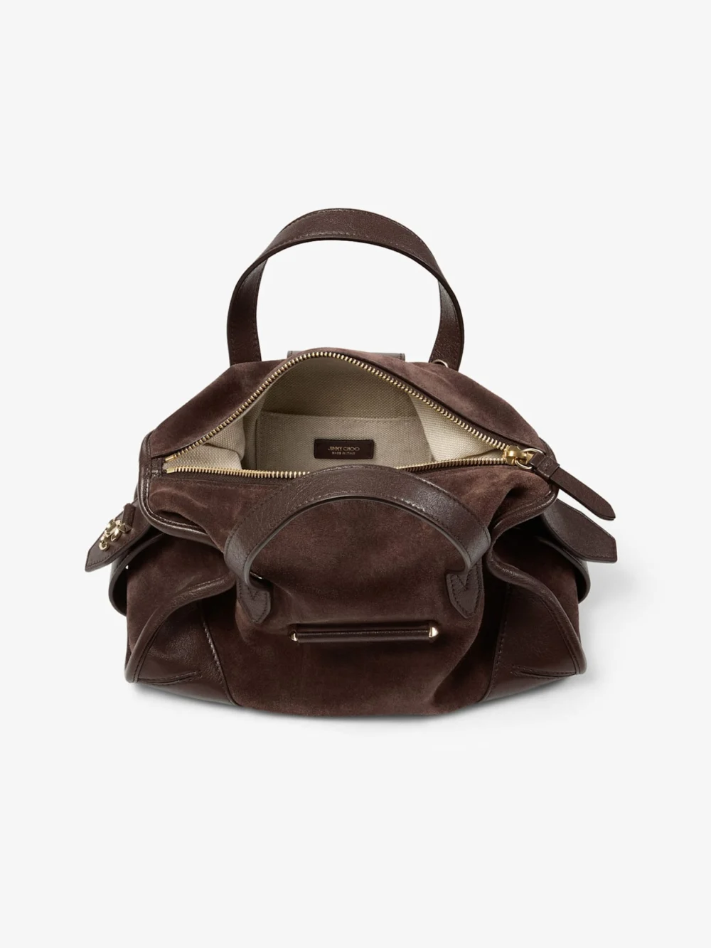 Back view of the Jimmy Choo Bar Holdall Small Chocolate Suede and Biker Leather Holdall Bag