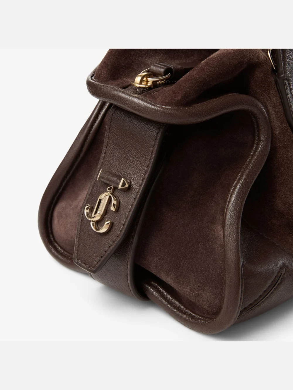 Close-up detail of the Jimmy Choo Bar Holdall Small Chocolate Suede and Biker Leather Holdall Bag