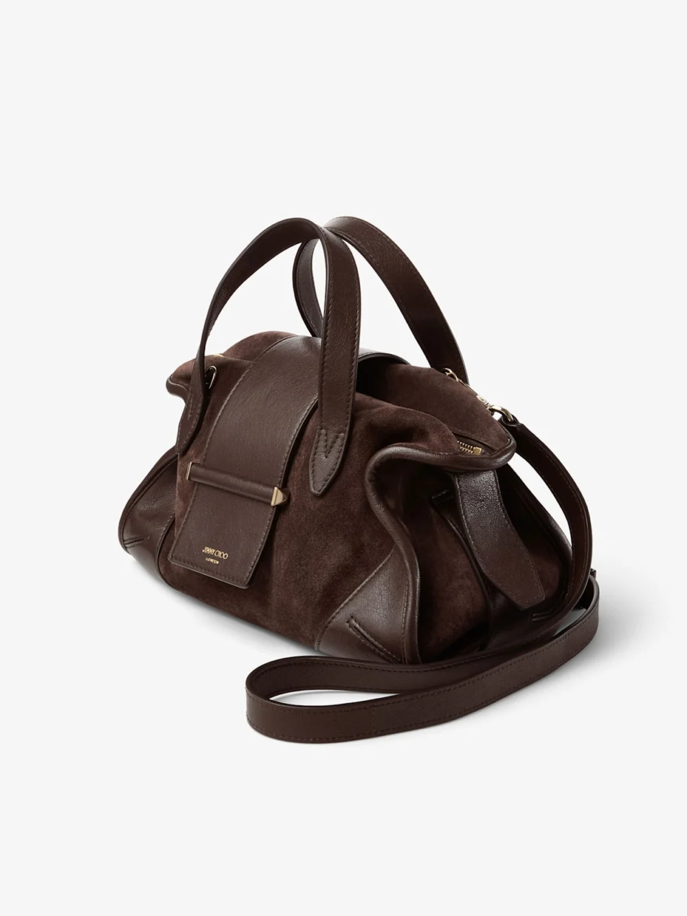 Side view of the Jimmy Choo Bar Holdall Small Chocolate Suede and Biker Leather Holdall Bag