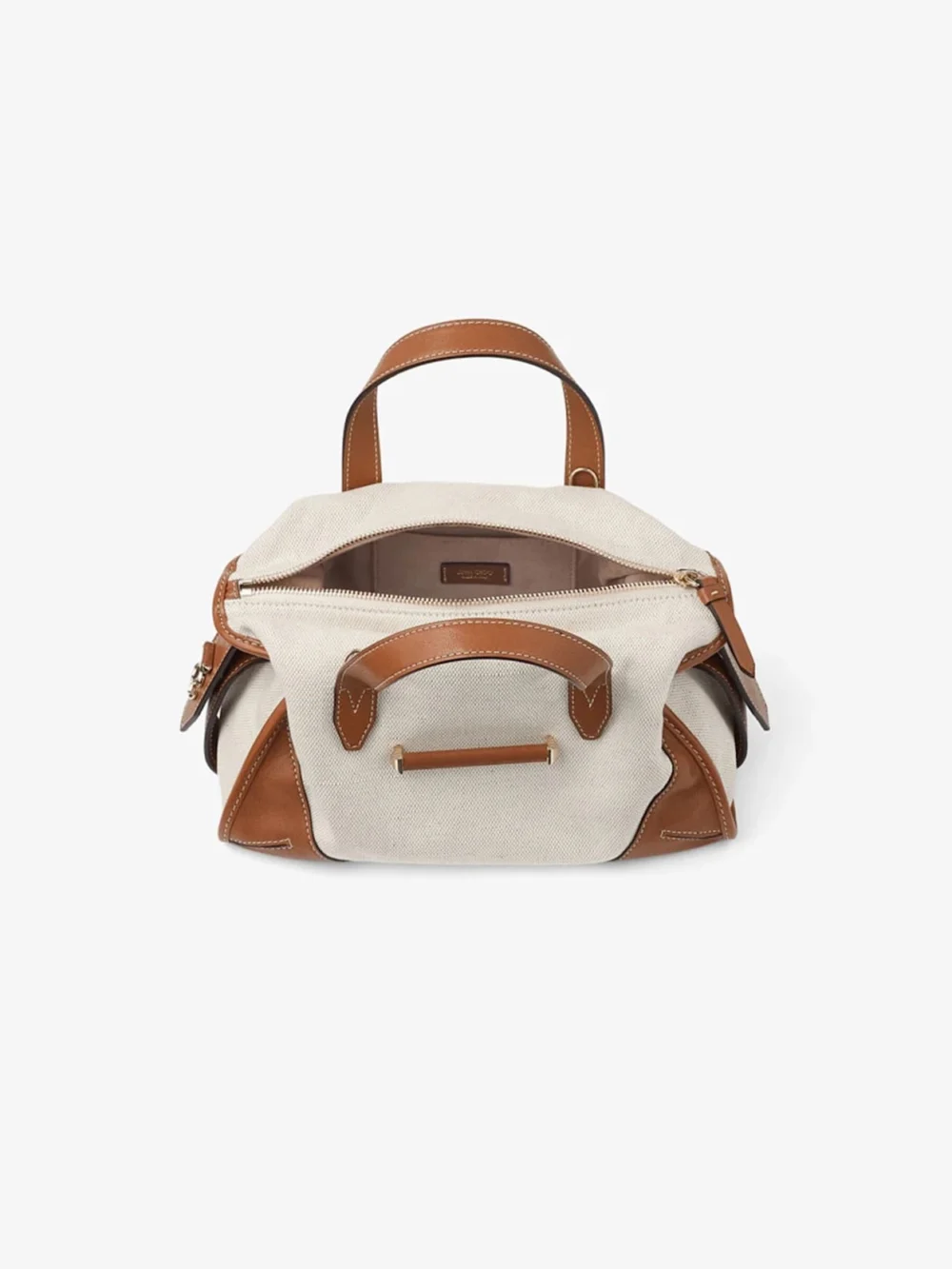 Back view of the Jimmy Choo Bar Holdall Small Natural and Tan Recycled Canvas Holdall Bag with Biker Leather Trim