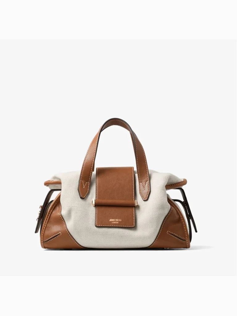 Jimmy Choo Bar Holdall Small Natural and Tan Recycled Canvas Holdall Bag with Biker Leather Trim