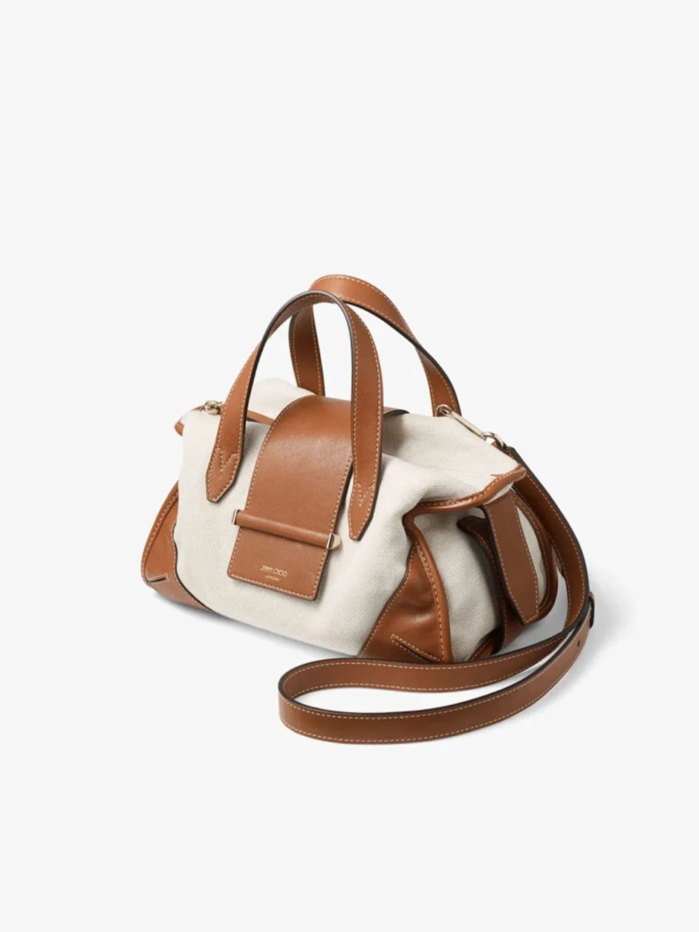 Side view of the Jimmy Choo Bar Holdall Small Natural and Tan Recycled Canvas Holdall Bag with Biker Leather Trim