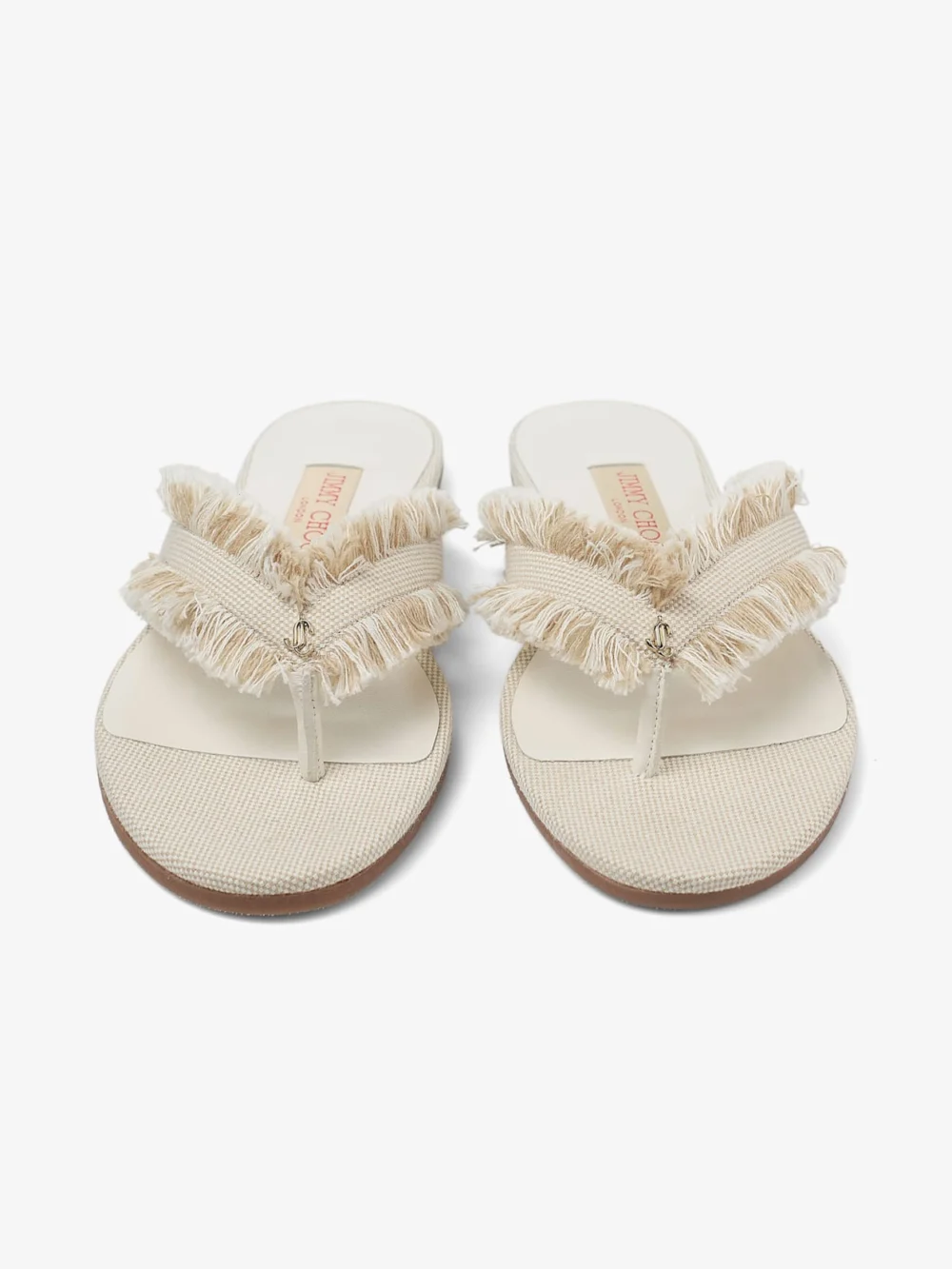 Back view of the Jimmy Choo Bay Flat Almond Mix Frayed Flecked Canvas Flat Sandals