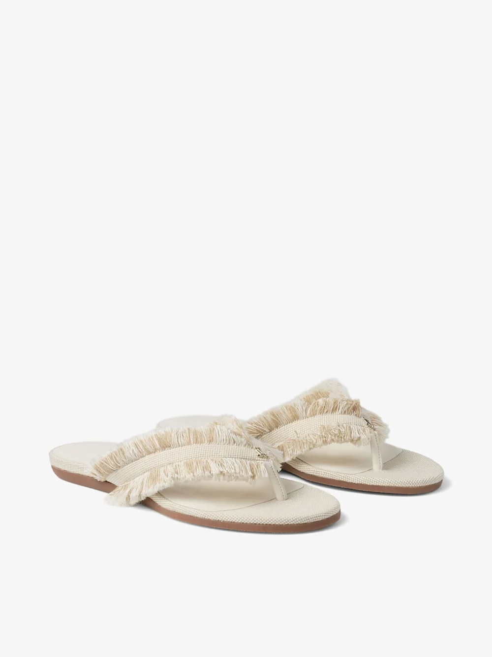 Close-up detail of the Jimmy Choo Bay Flat Almond Mix Frayed Flecked Canvas Flat Sandals
