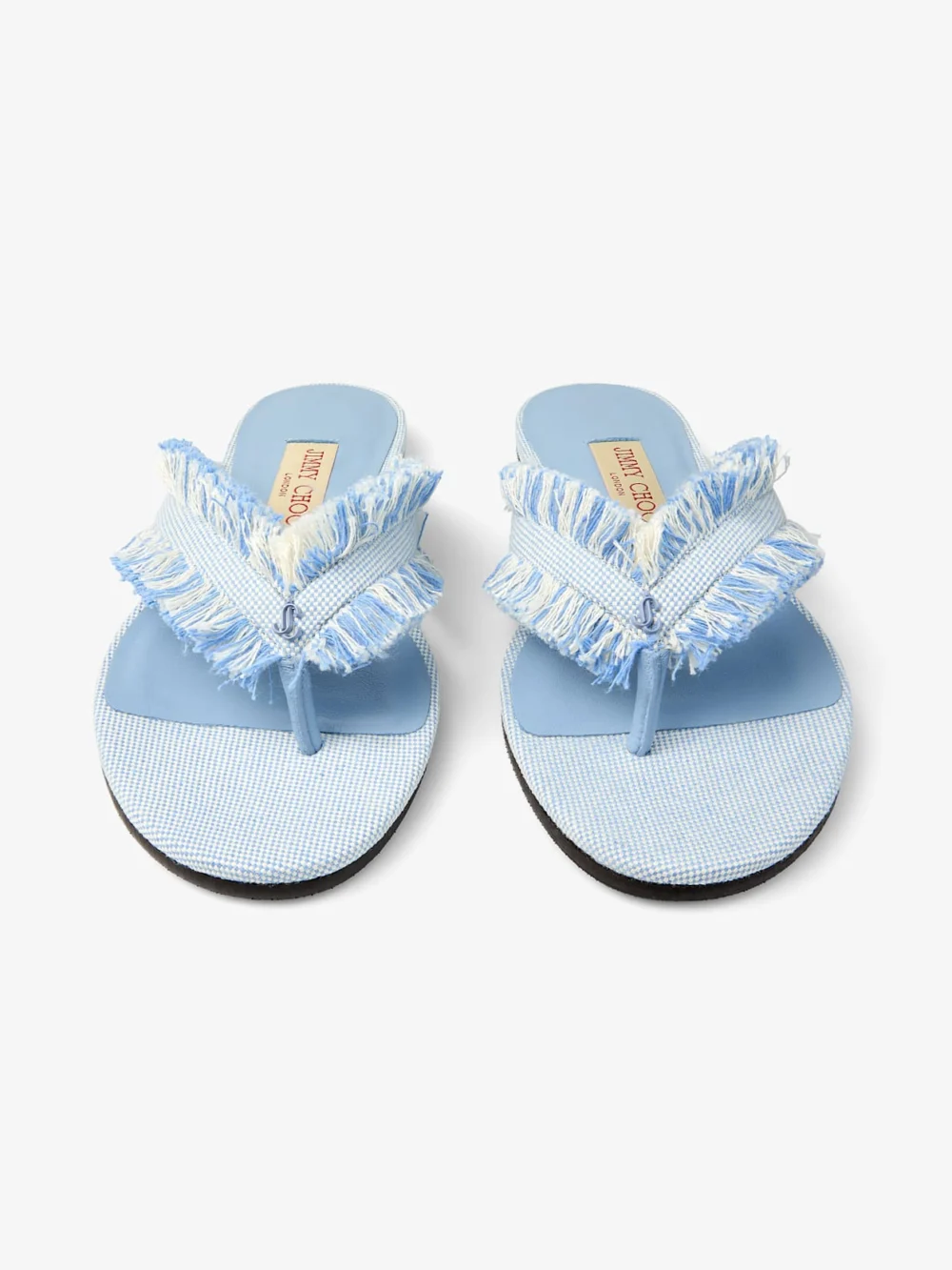 Back view of the Jimmy Choo Bay Flat Riviera Blue Mix Frayed Flecked Canvas Flat Sandals