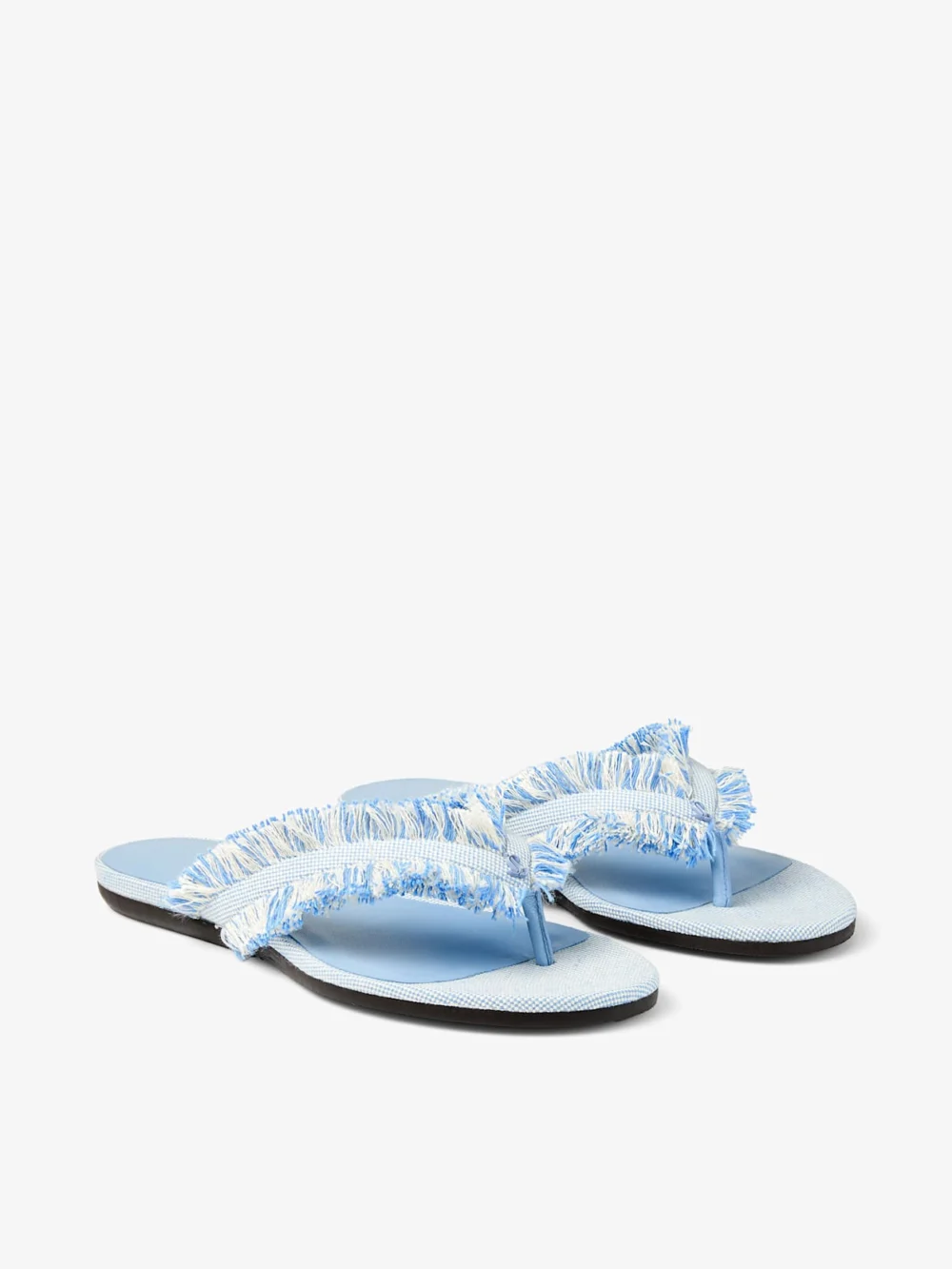 Close-up detail of the Jimmy Choo Bay Flat Riviera Blue Mix Frayed Flecked Canvas Flat Sandals