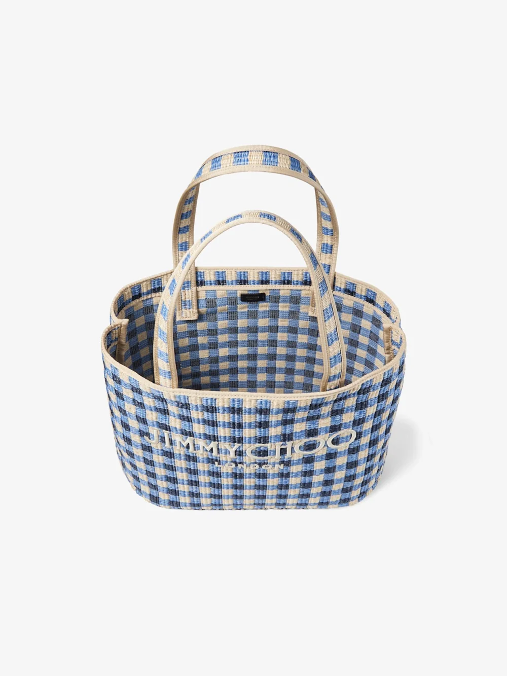 Back view of the Jimmy Choo Beach Tote East-West Marine Mix and Ecru Gingham Raffia Beach Tote Bag