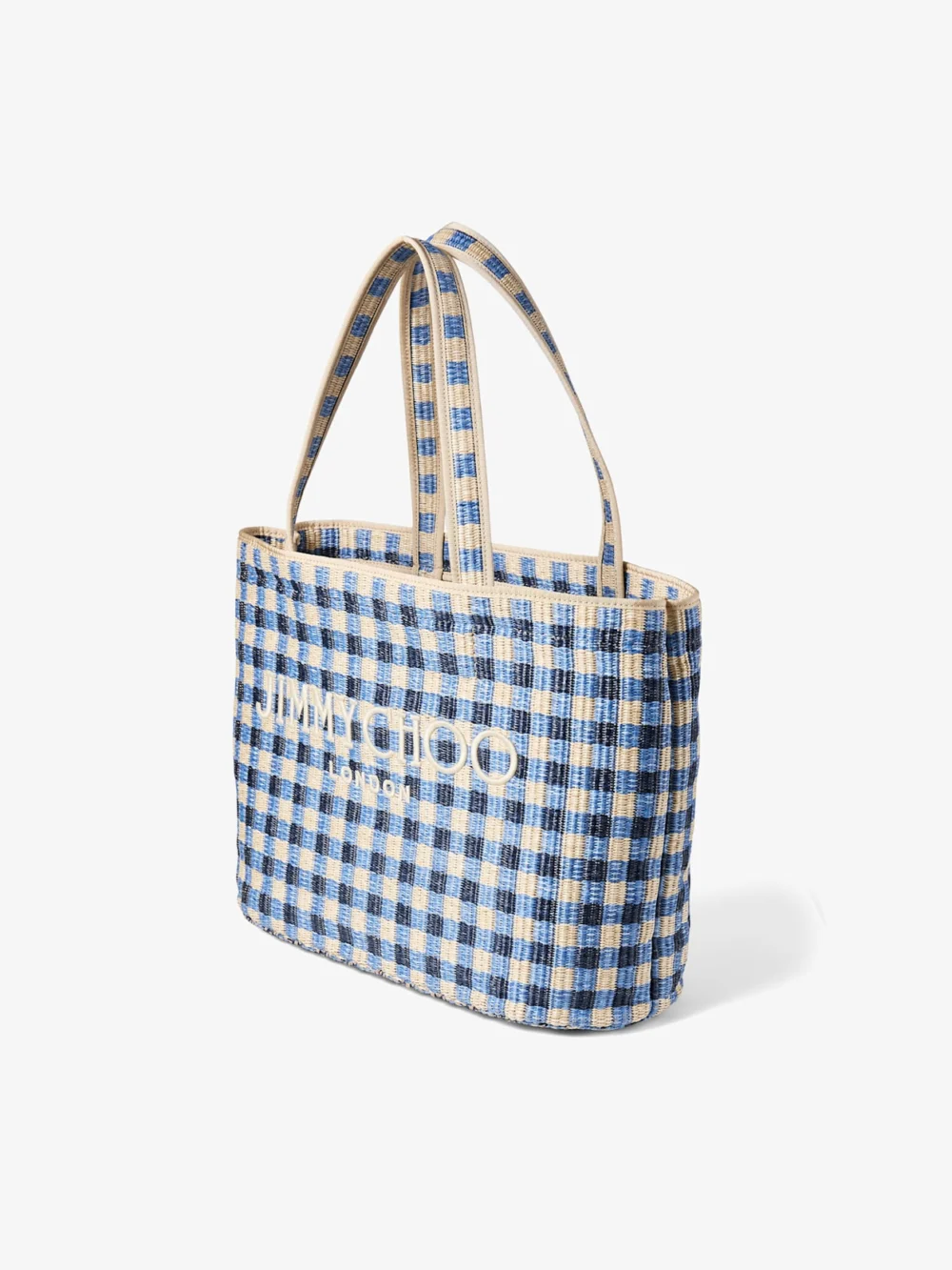 Close-up detail of the Jimmy Choo Beach Tote East-West Marine Mix and Ecru Gingham Raffia Beach Tote Bag