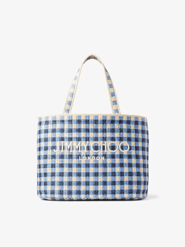 Jimmy Choo Beach Tote East-West Marine Mix and Ecru Gingham Raffia Beach Tote Bag