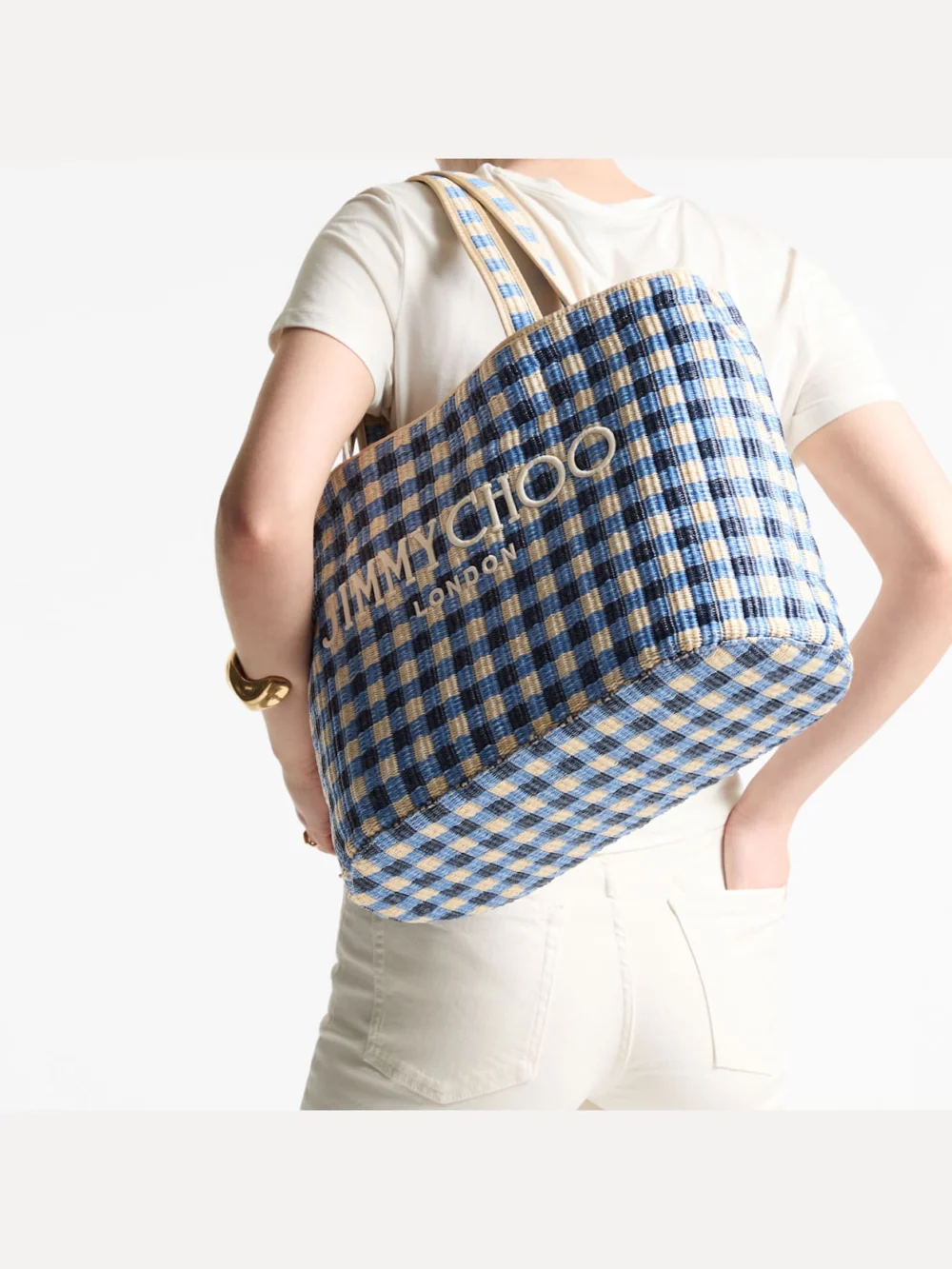 Side view of the Jimmy Choo Beach Tote East-West Marine Mix and Ecru Gingham Raffia Beach Tote Bag