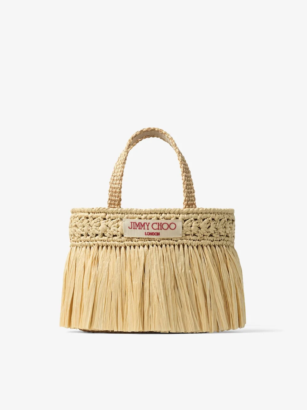 Jimmy Choo Beach Tote East-West Mini Natural and Light Gold Woven Raffia Mini Beach Tote Bag with Fringes in natural