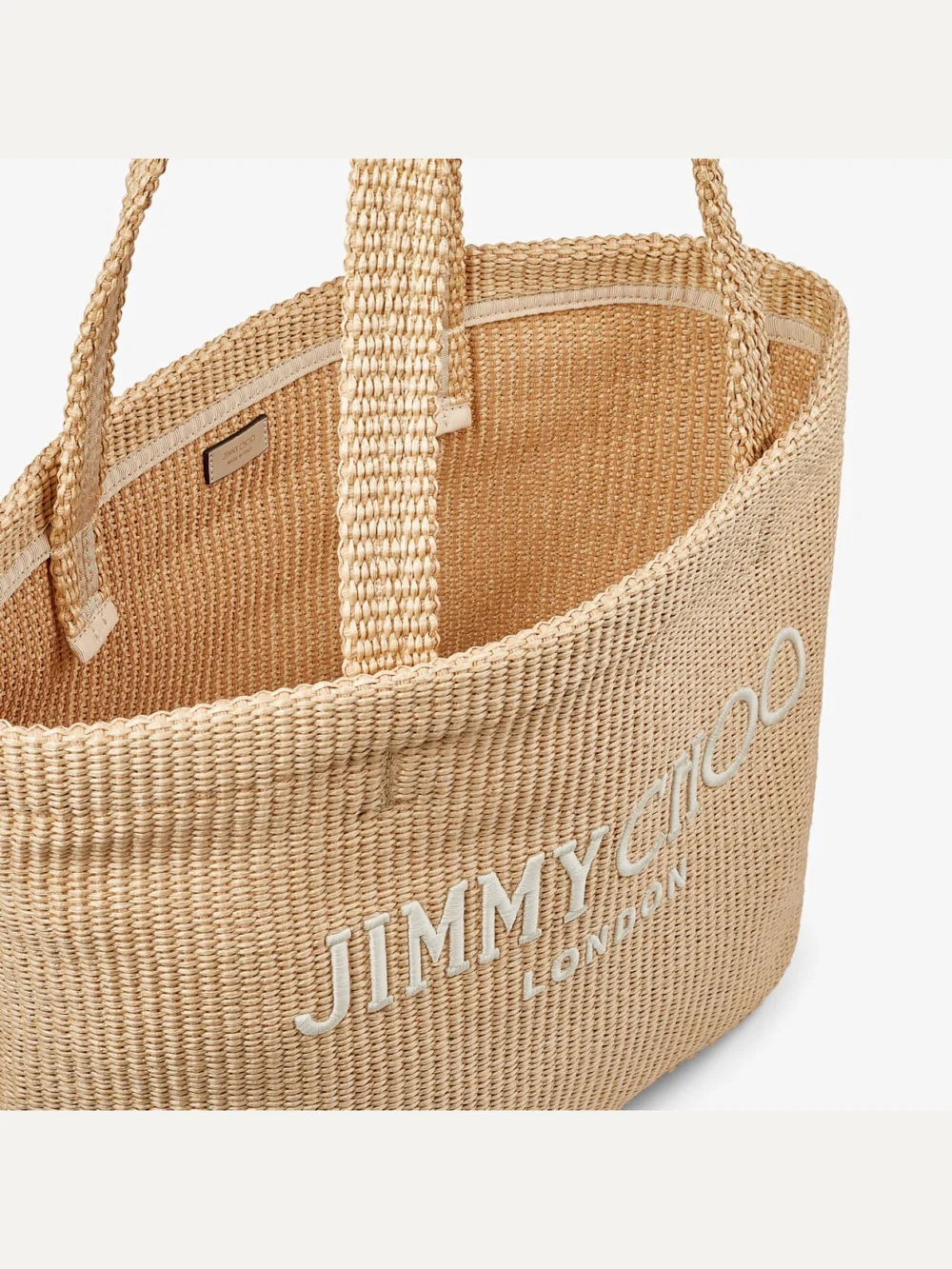 Back view of the Jimmy Choo Beach Tote East-West Natural Raffia Embroidered Tote Bag
