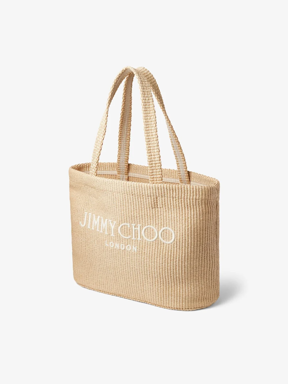 Side view of the Jimmy Choo Beach Tote East-West Natural Raffia Embroidered Tote Bag