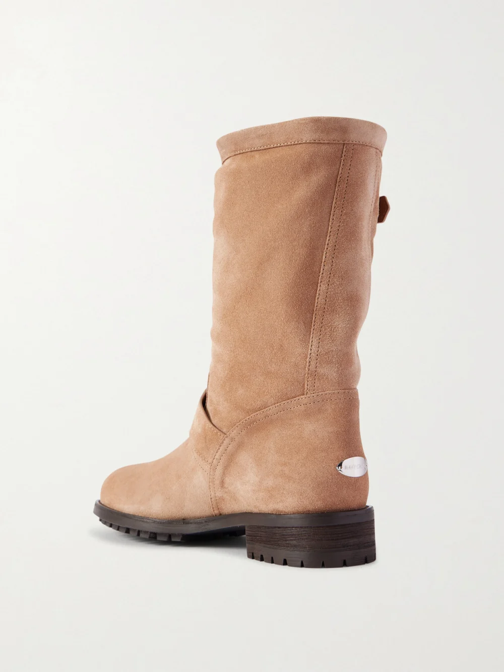 Back view of the Jimmy Choo Biker Buckled Suede Ankle Boots