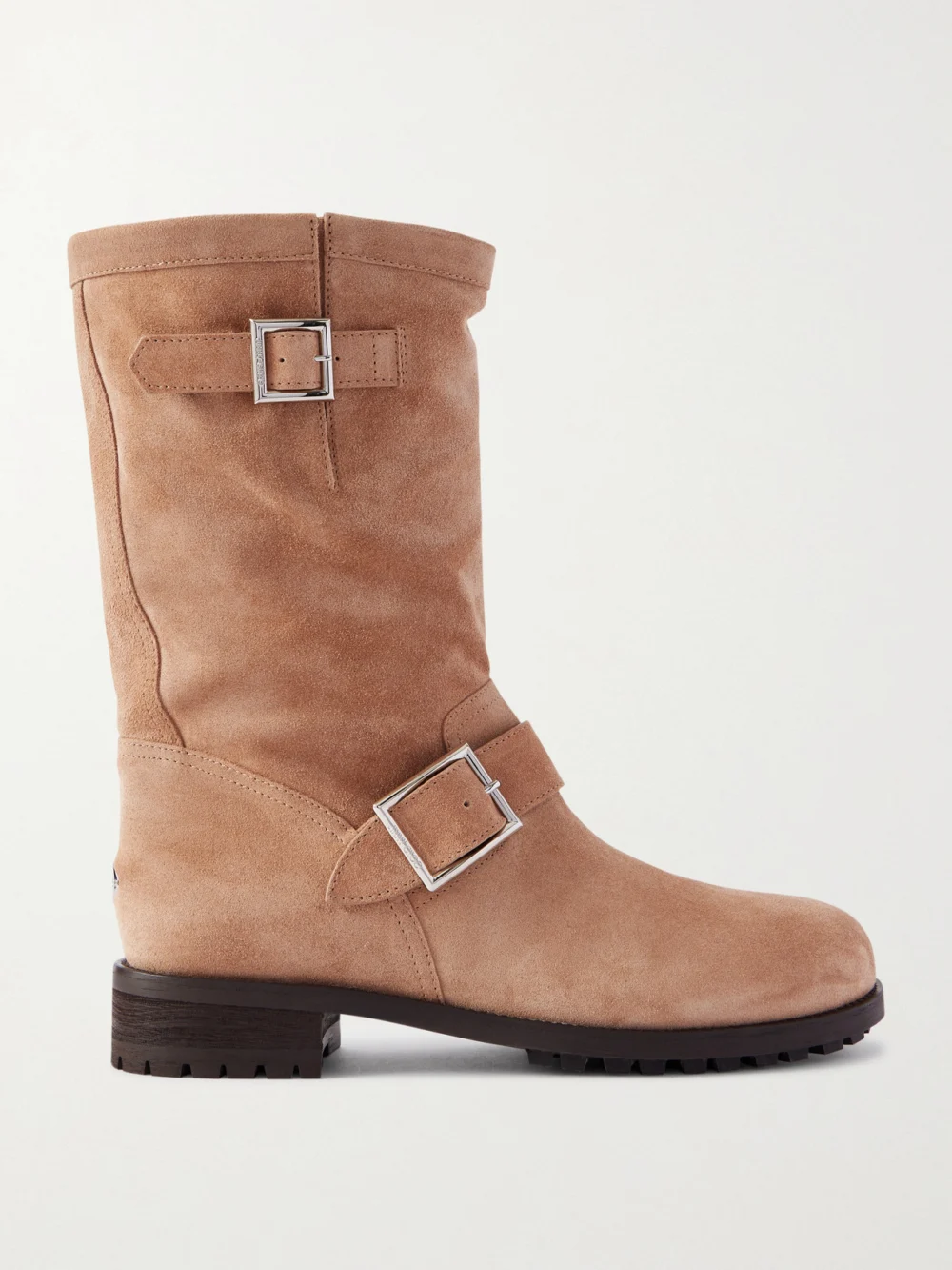 Jimmy Choo Biker Buckled Suede Ankle Boots in light brown
