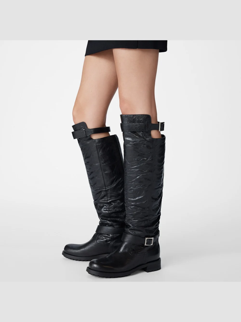 Close-up detail of the Jimmy Choo Biker Knee Boot Black Lamb Leather Knee High Biker Boots