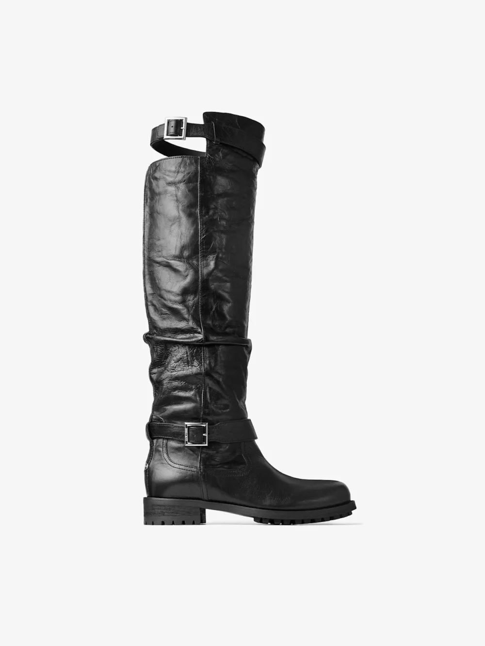 Jimmy Choo Biker Knee Boot Black Lamb Leather Knee High Biker Boots in black