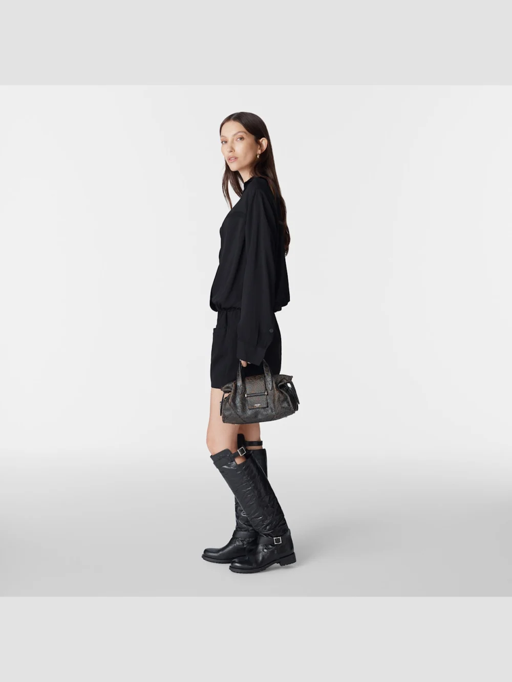 Side view of the Jimmy Choo Biker Knee Boot Black Lamb Leather Knee High Biker Boots