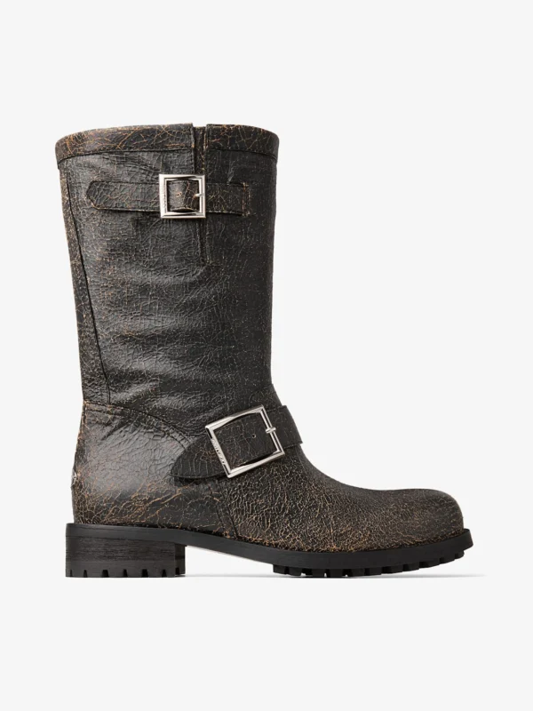 Jimmy Choo Biker Mid Black and Toffee Crackled Leather Biker Mid Boots