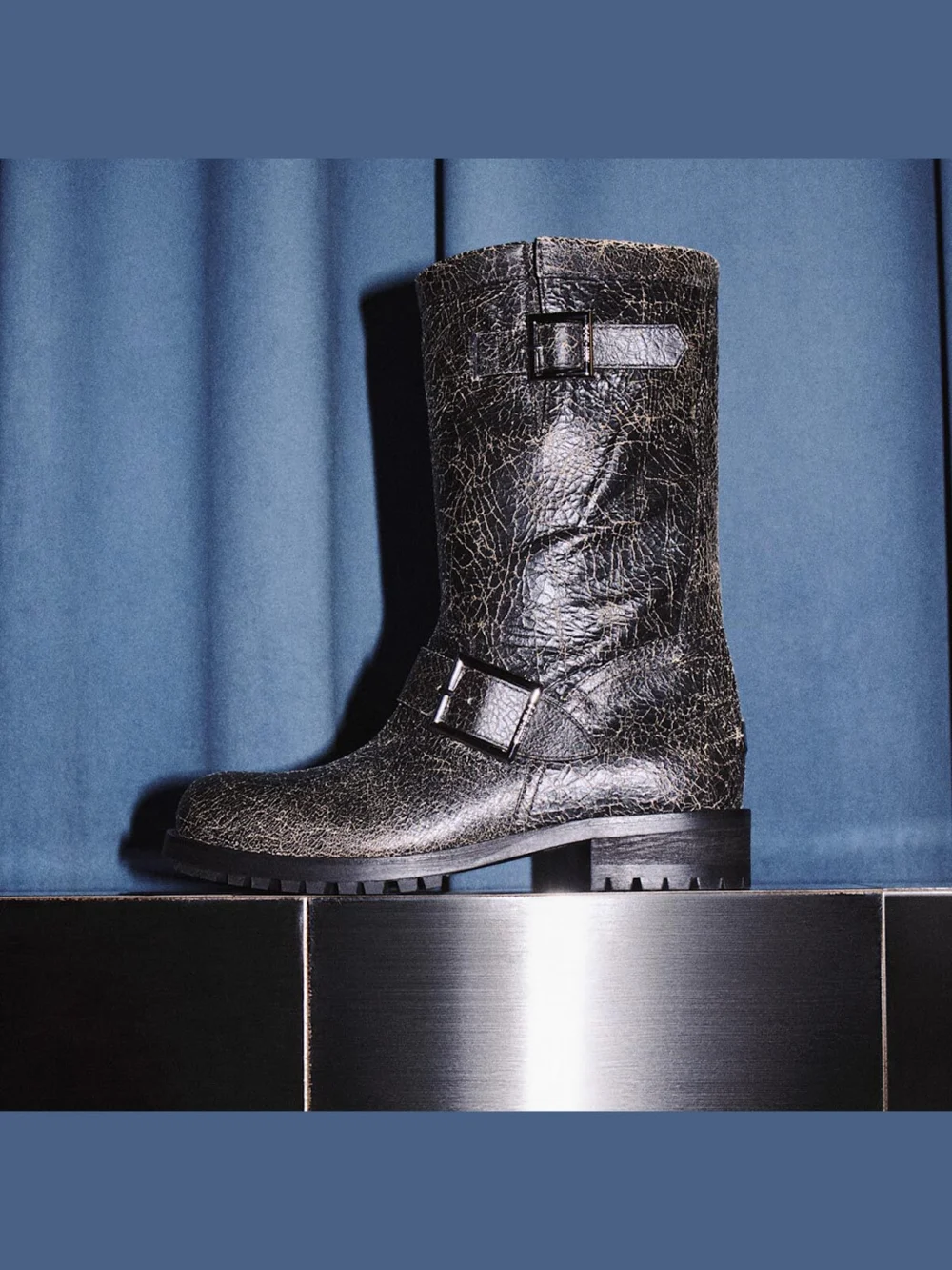 Jimmy Choo Biker Mid Black and Toffee Crackled Leather Biker Mid Boots