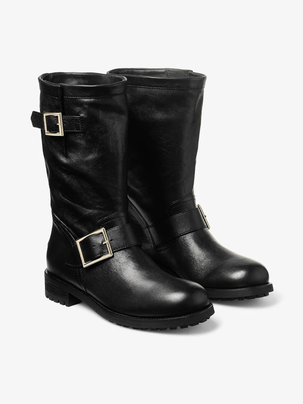 Close-up detail of the Jimmy Choo Biker Mid Black Biker Leather Ankle Boot
