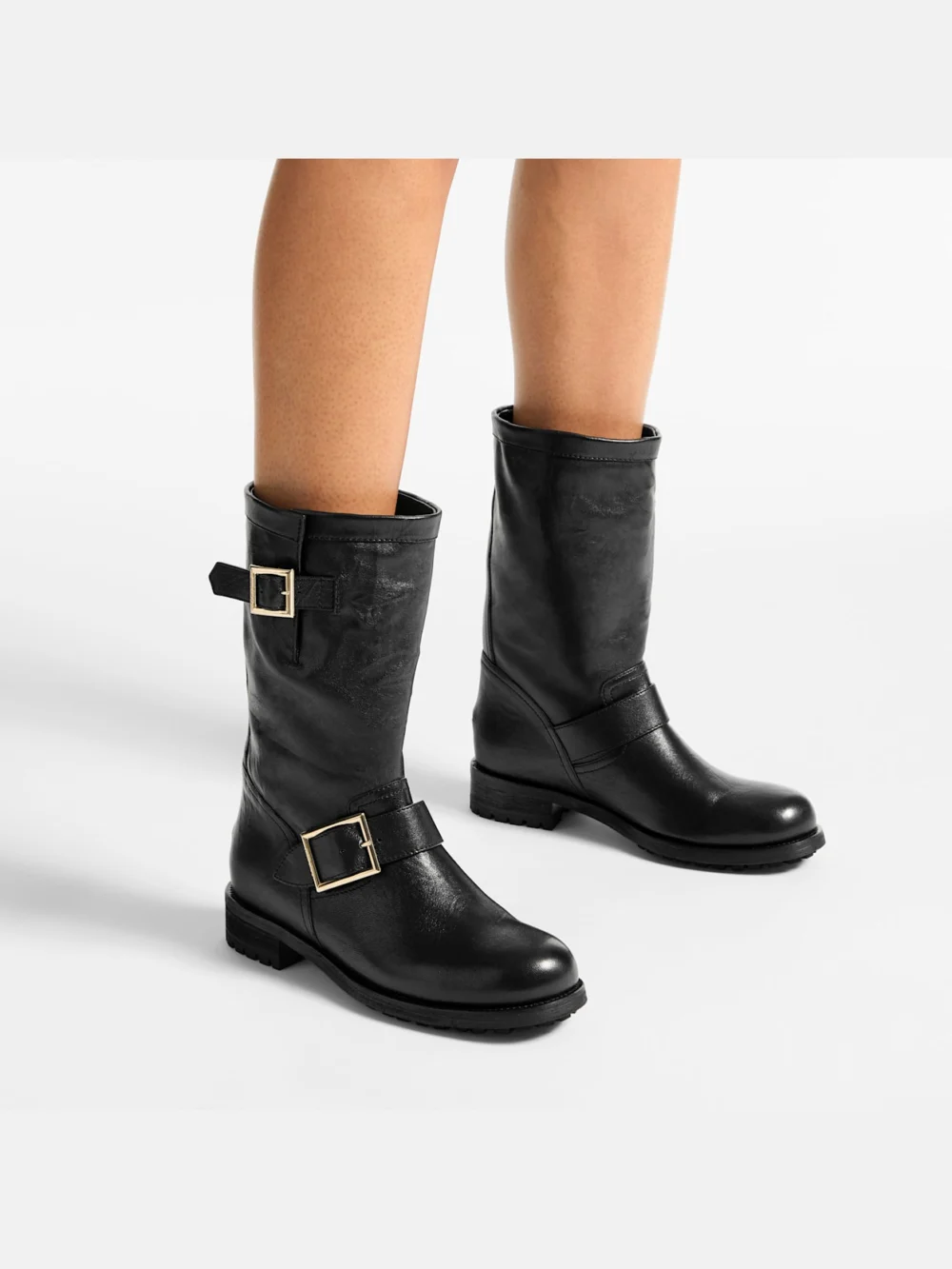 Side view of the Jimmy Choo Biker Mid Black Biker Leather Ankle Boot