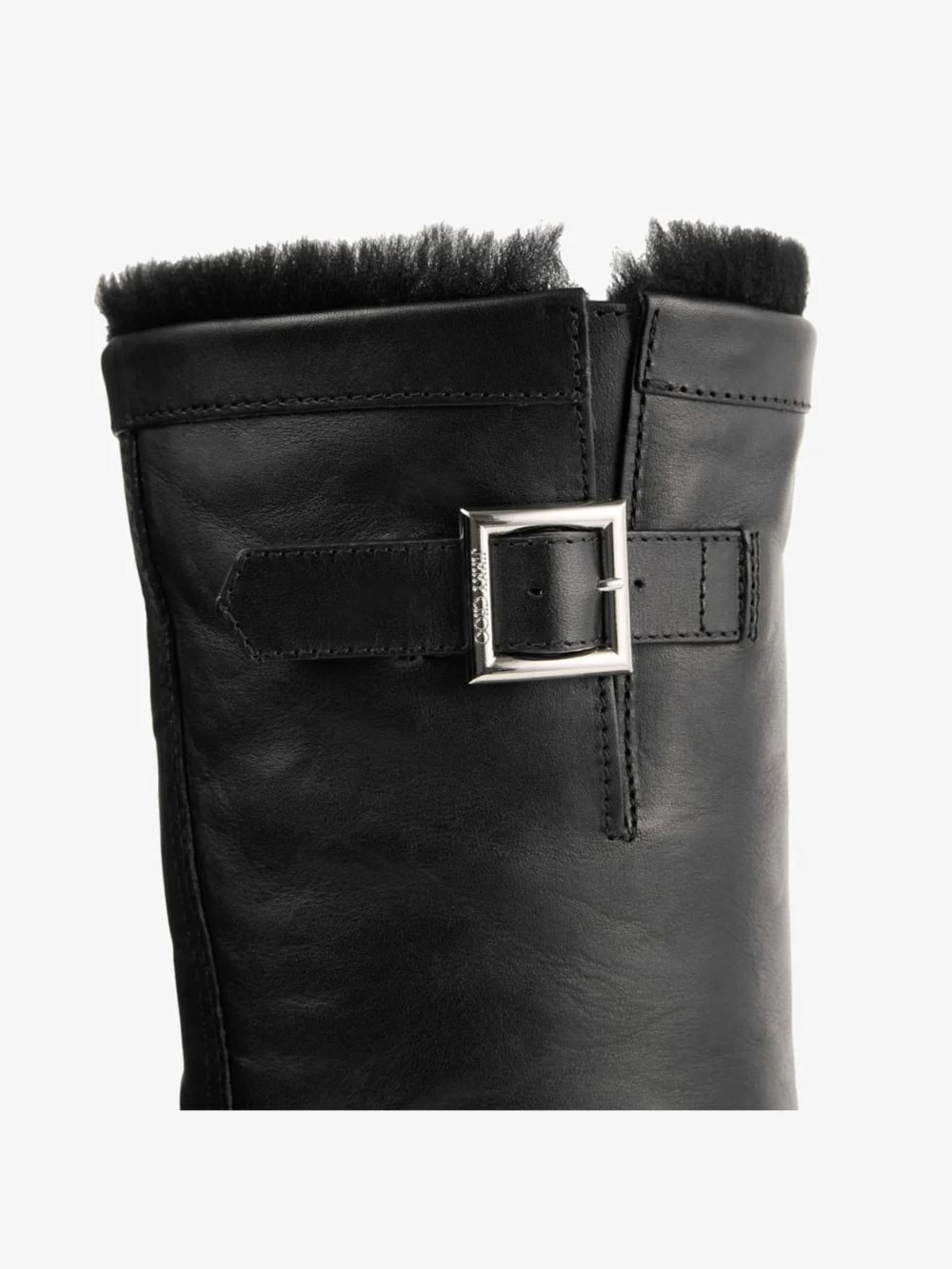 Back view of the Jimmy Choo Biker Mid Shearling Black Shiny Calf Leather Biker Mid Boots with Shearling Lining