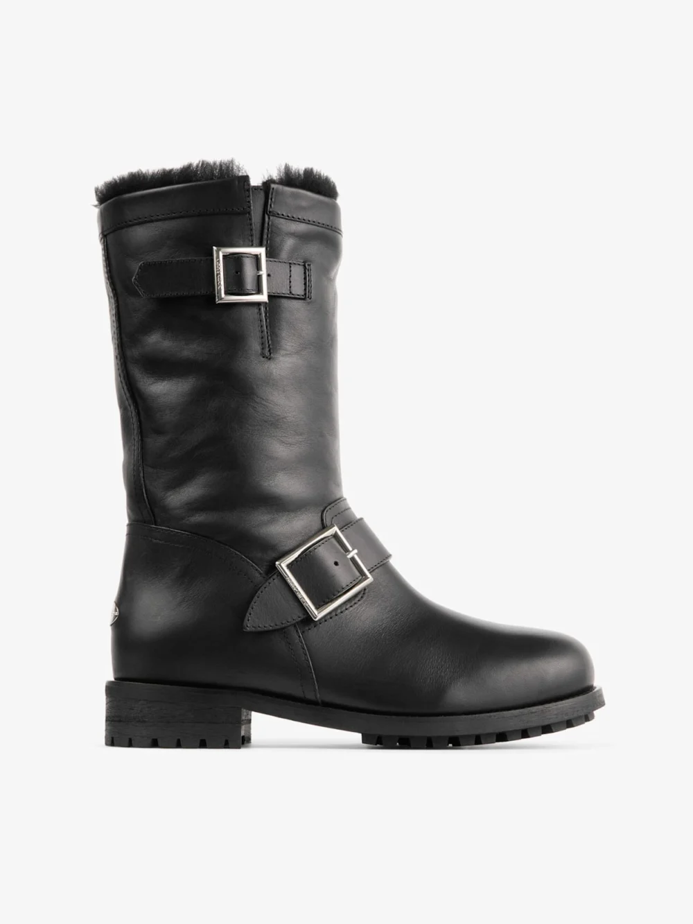 Jimmy Choo Biker Mid Shearling Black Shiny Calf Leather Biker Mid Boots with Shearling Lining in black