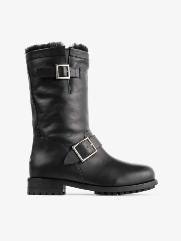 Jimmy Choo Biker Mid Shearling Black Shiny Calf Leather Biker Mid Boots with Shearling Lining