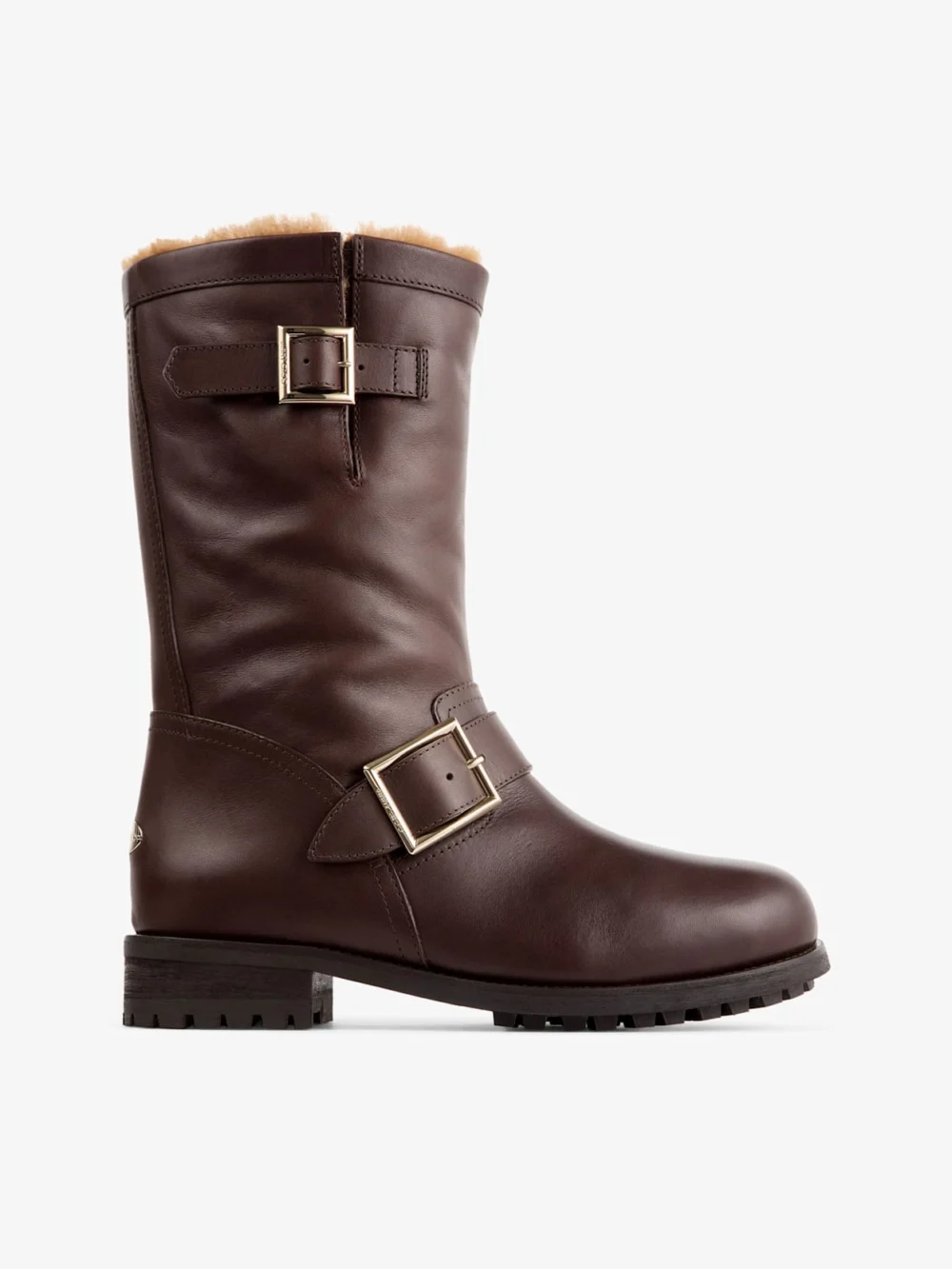 Jimmy Choo Biker Mid Shearling Chocolate and Teddy Shiny Calf Leather Biker Mid Boots with Shearling Lining in chocolate