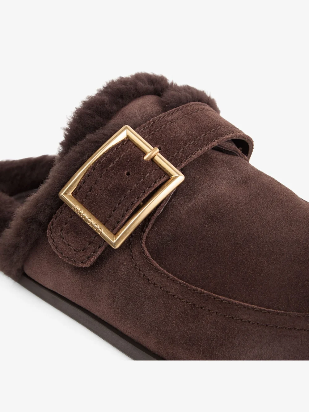 Back view of the Jimmy Choo Biker Mule F Chocolate Velvet Suede Biker Mules with Shearling