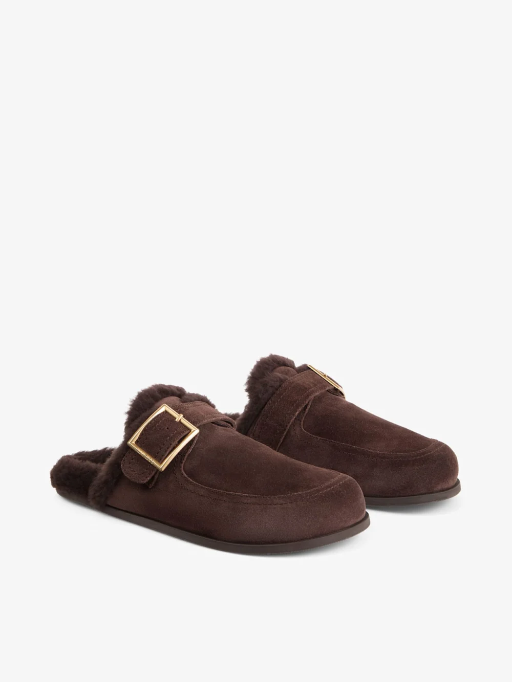 Close-up detail of the Jimmy Choo Biker Mule F Chocolate Velvet Suede Biker Mules with Shearling