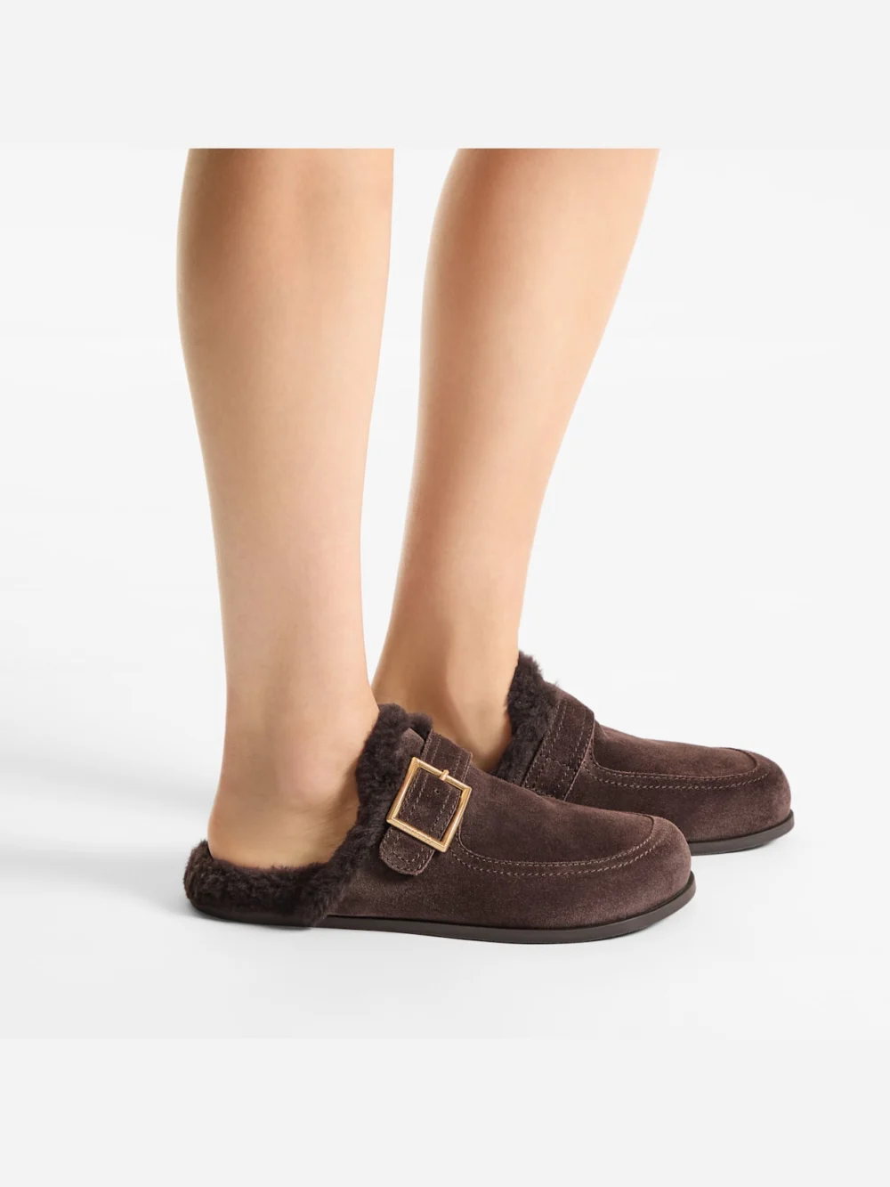 Side view of the Jimmy Choo Biker Mule F Chocolate Velvet Suede Biker Mules with Shearling
