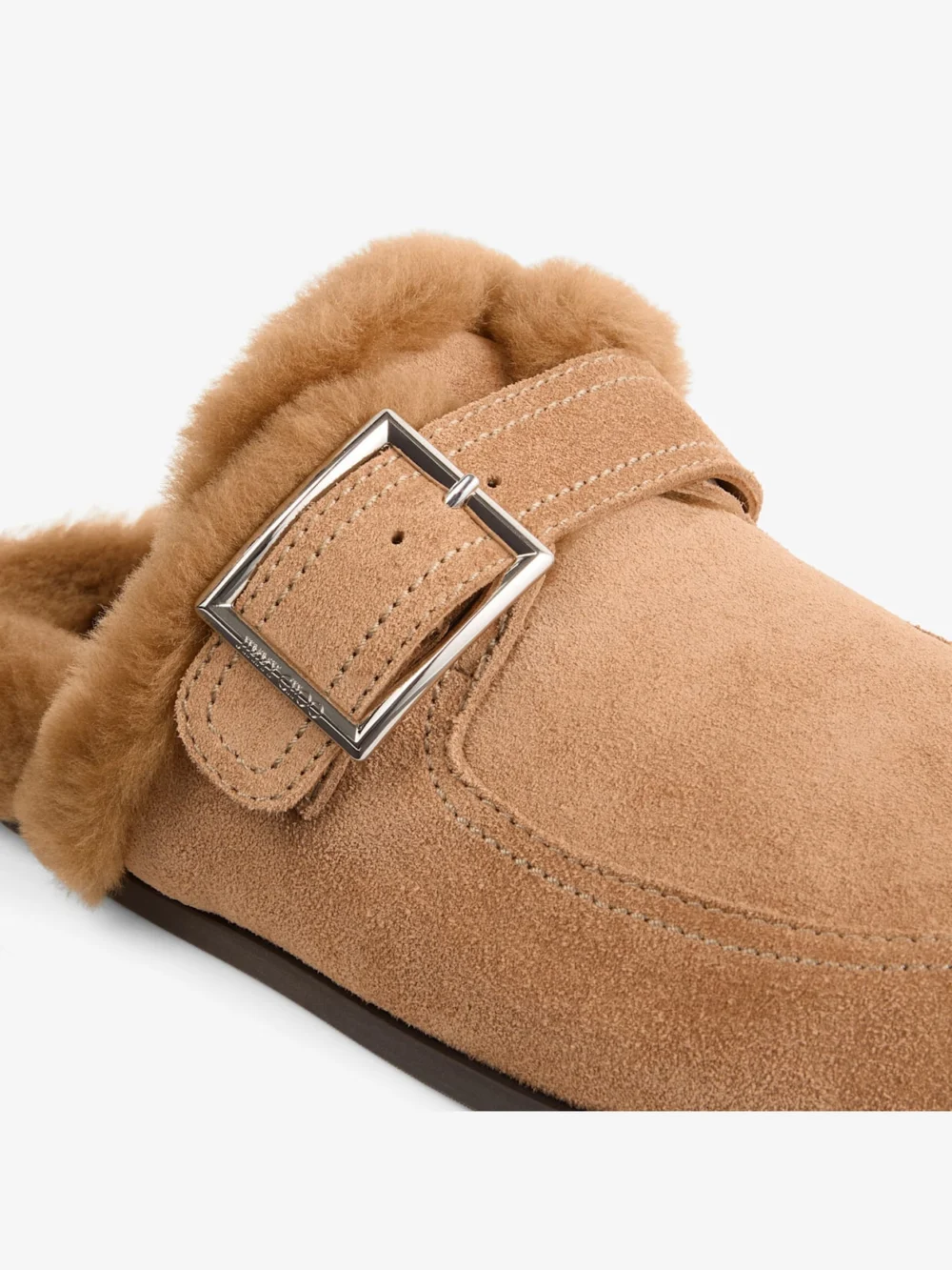 Back view of the Jimmy Choo Biker Mule F Toffee and Teddy Velvet Suede Biker Mules with Shearling